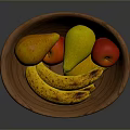 Wooden Fruit Bowl With Bananas Pears And Red Apple For Home Use