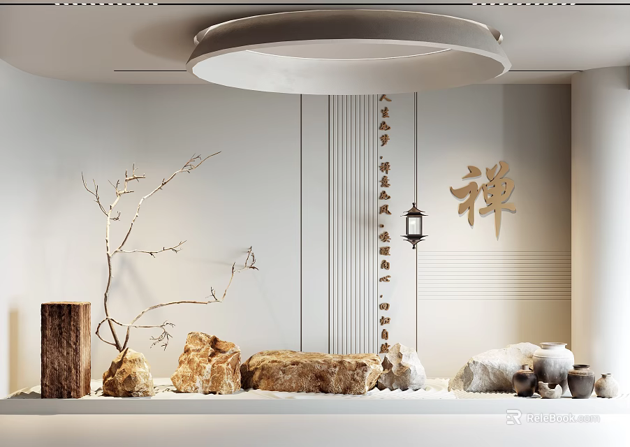 Zen Chinese Style Window Display Decoration With Branches Stones Lantern And Small Animal Ornaments 3d model 