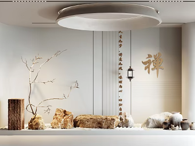Zen Chinese Style Window Display Decoration With Branches Stones Lantern And Small Animal Ornaments 3d model