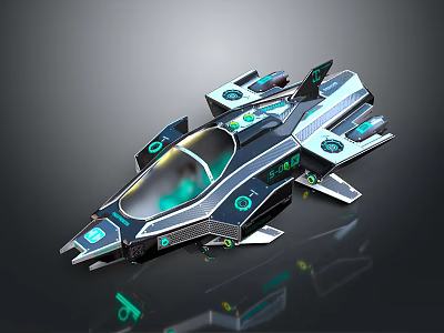 Futuristic Spaceship With Transparent Cockpit Multiple Wings And Green Glowing Lights For Space Exploration 3d model