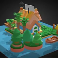Cartoon Scene With Blue House Solar Panel Roof Green Trees Bunny Rabbits And Yellow Duck