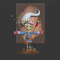 Cute Elf Character With White Curly Hair Green Floating Leaves Blue Coat And Red Staff