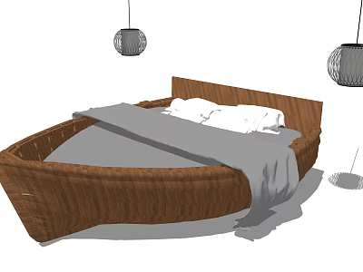 Double Bed With Woven Curved Frame White Pillows Gray Bedding And Hanging Pendant Lights 3d model