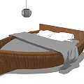 Double Bed With Woven Curved Frame White Pillows Gray Bedding And Hanging Pendant Lights