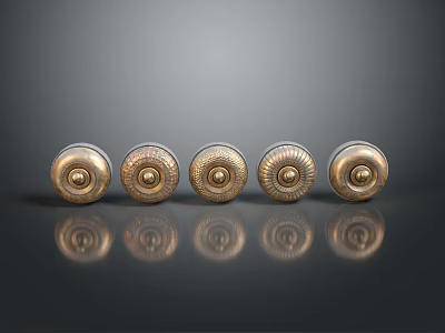 Golden Knobs With Intricate Patterns Arranged In Straight Line On Dark Surface Showing Clear Reflections 3d model