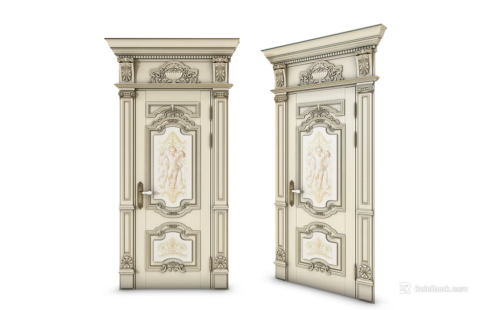 European Style Cream Colored Swing Doors With Intricate Carved Decorations And Frame Design 3d model 