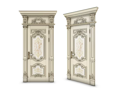European Style Cream Colored Swing Doors With Intricate Carved Decorations And Frame Design 3d model