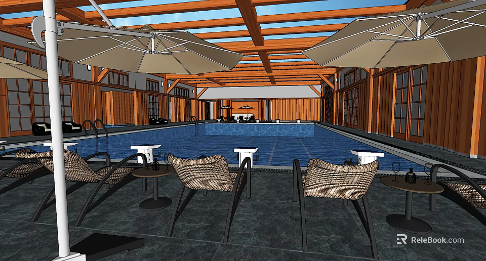 Indoor Swimming Pool Interior With Wooden Roof Wicker Lounge Chairs And Umbrellas 3d model 