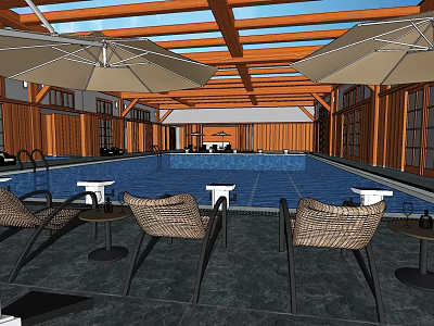 Indoor Swimming Pool Interior With Wooden Roof Wicker Lounge Chairs And Umbrellas 3d model