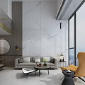 Elegant Modern Apartment Interior With Round Mirror Marble Wall Wooden Panel Sofa And Coffee Table