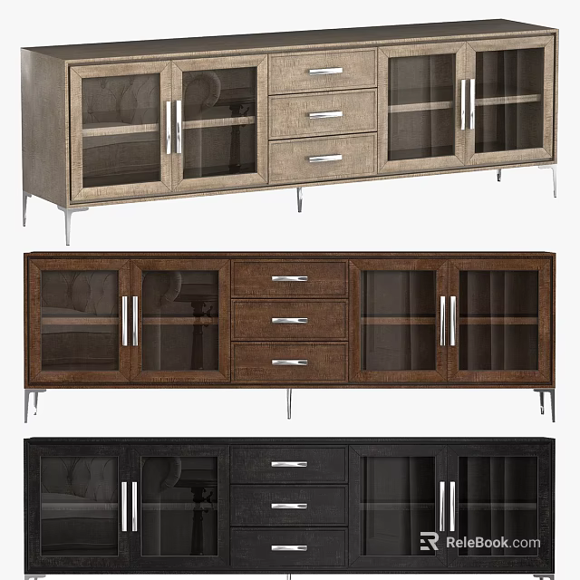 Modern TV Stand with Glass Doors Drawers and Metal Legs in Multiple Colors 3d model 