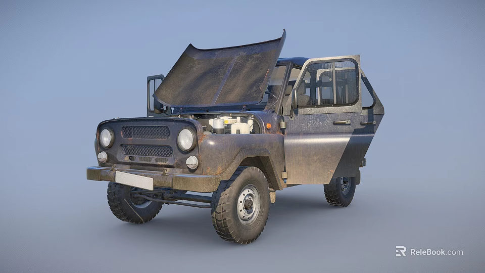 Old Off-Road Vehicle With Open Hood And Doors Rusty Stains And Large Tires 3d model 