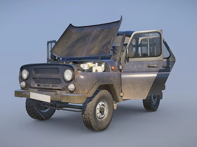 Old Off-Road Vehicle With Open Hood And Doors Rusty Stains And Large Tires 3d model