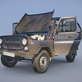 Old Off-Road Vehicle With Open Hood And Doors Rusty Stains And Large Tires
