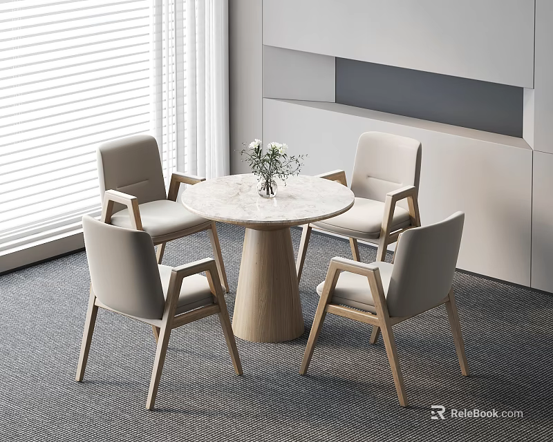 Modern Round Table and Chair Set with Marble Tabletop Wooden Legs Four Gray Cushioned Chairs 3d model 