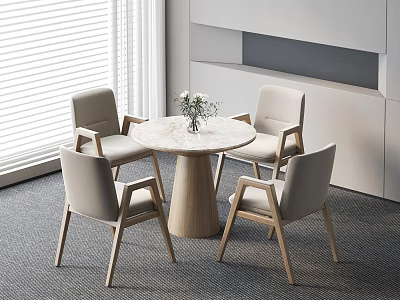 Modern Round Table and Chair Set with Marble Tabletop Wooden Legs Four Gray Cushioned Chairs 3d model