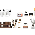 Perfume And Cosmetics Collection With Bottles Jars Makeup Brushes And Reed Diffusers