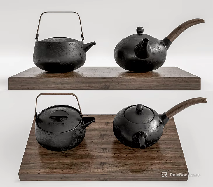 Black Iron Tea Sets Displayed On Wooden Platform With Traditional Design 3d model 