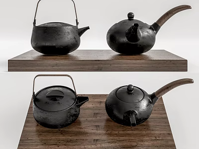 Black Iron Tea Sets Displayed On Wooden Platform With Traditional Design 3d model
