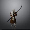 Man Wearing Traditional Outfit Holding Long Sword Standing in Gray Background