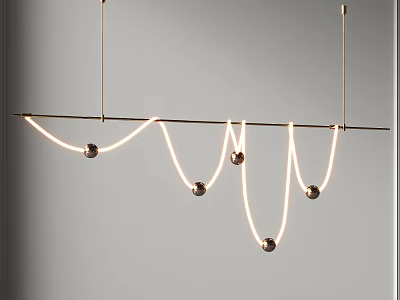 Modern Chandelier With Metallic Rod Curved Light Strips And Spherical Pendants 3d model