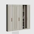 Modern Gray Wardrobe With Multiple Doors Brass Handles And Open Shelves With Books