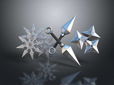 Silver Metal Spiked Weapons Including Throwing Stars And Cross Blades With Sharp Tips 3d model