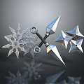 Silver Metal Spiked Weapons Including Throwing Stars And Cross Blades With Sharp Tips 3d model
