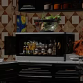 Black Kitchen Storage Cabinet With Glass Door Holding Spices Bottles And Vegetables In Glass Bowl