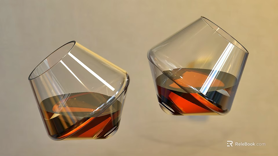 Two Tilted Glasses With Brown Liquid On Light Colored Background Surface 3d model 