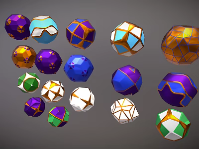 Colorful Polyhedral Sports Balls With Geometric Patterns As Sports Equipment In Various Hues 3d model