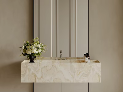 Elegant Modern Marble Bathroom Vanity With White Flower Arrangement And Large Mirror 3d model