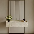 Elegant Modern Marble Bathroom Vanity With White Flower Arrangement And Large Mirror