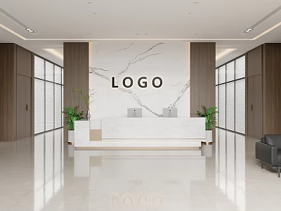 Modern Minimalist Office Reception With Marble Counter Brand Logo Wall And Potted Green Plants 3d model