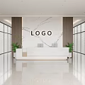 Modern Minimalist Office Reception With Marble Counter Brand Logo Wall And Potted Green Plants