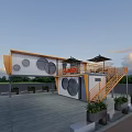 Container Converted Milk Tea Shop With Orange White Exterior Circular Windows And Second Floor Umbrellas