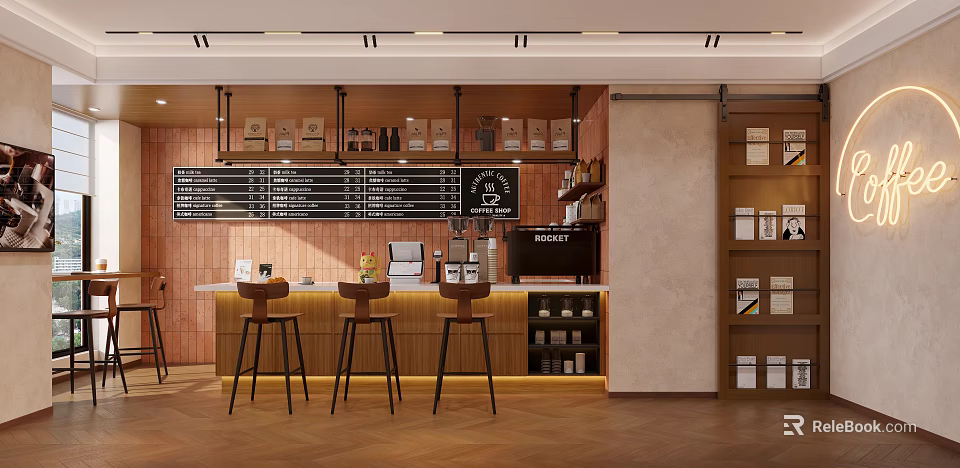 Cozy Café Interior With Wooden Counter Menu Board Bar Stools And Shelves 3d model 