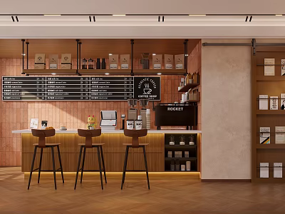 Cozy Café Interior With Wooden Counter Menu Board Bar Stools And Shelves 3d model