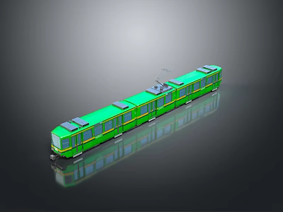 Green Model Tram With Multiple Carriages On Black Background And Reflection 3d model