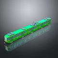 Green Model Tram With Multiple Carriages On Black Background And Reflection 3d model