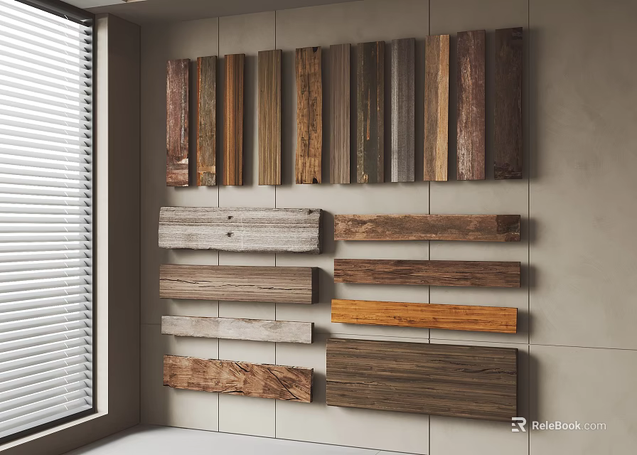 Decorative Stone Wall With Various Types And Colors Of Wooden Planks Displayed 3d model 