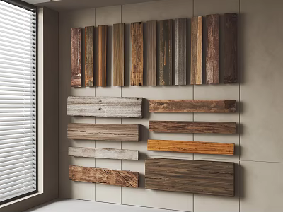 Decorative Stone Wall With Various Types And Colors Of Wooden Planks Displayed 3d model