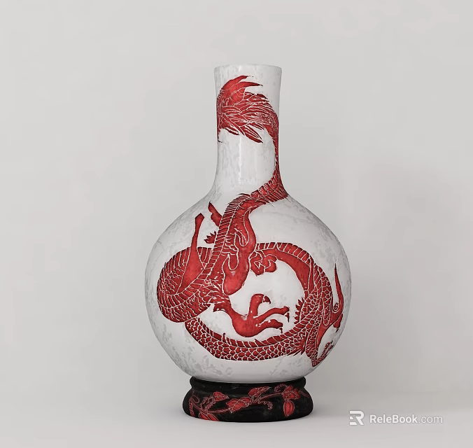 Decorative Ornament Set Featuring White Vase With Red Dragon Pattern And Black Base 3d model