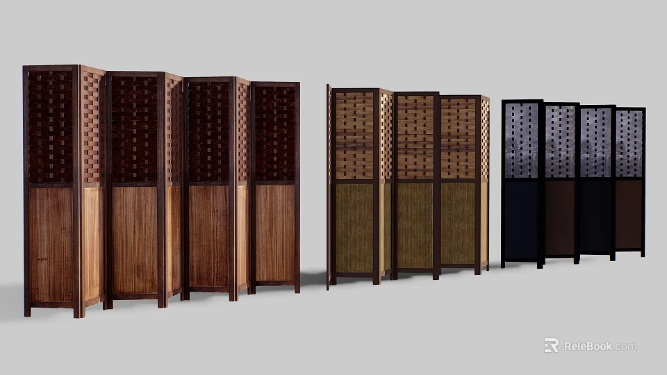 Wooden Room Dividers With Traditional Patterns Woven Panels And Carved Details 3d model 