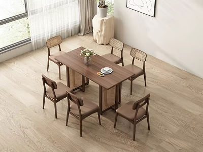Wooden Dining Table Set with Six Brown Upholstered Chairs and Flower Vase in Modern Room 3d model
