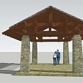 Traditional Wooden Roofed Pavilion With Stone Pillars And Two People Standing