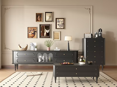 Gray Modern TV Stand with Drawers Cabinets in Living Room with Decorative Paintings and Lamp 3d model