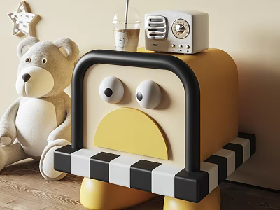 Cute Yellow Side Table With Cartoon Face Black White Striped Base White Teddy Bear Decor 3d model