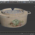Cream Colored Cooking Pot With Lid Double Handles And Hand Painted Vegetable Design
