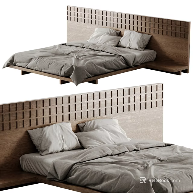 Modern Double Bed With Wooden Lattice Headboard Grey Bedspread And White Pillows 3d model 